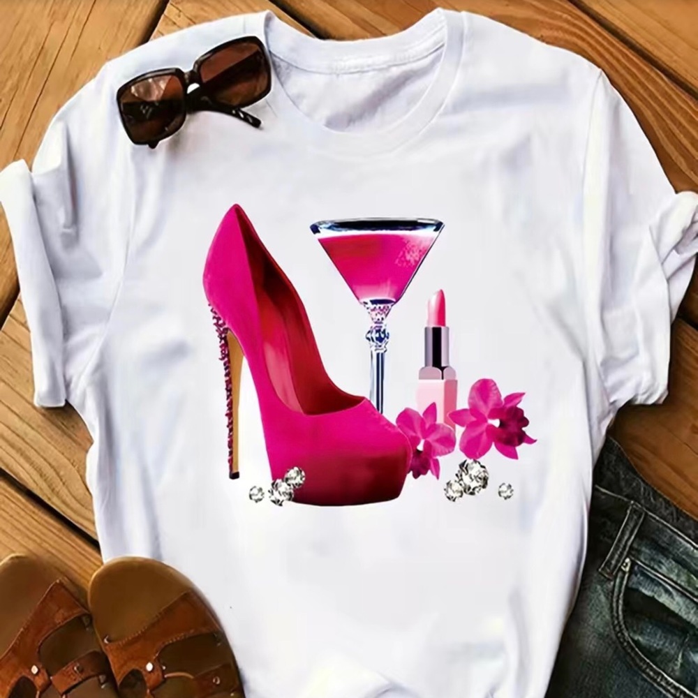 White Tee with Hot Pink Stiletto & Cocktail Graphic - Women's Short Sleeve
